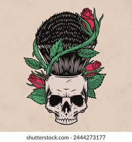 Shaving brush vintage sticker colorful with skull and weaving roses for design of hipster barbershop or hairdressing salon vector illustration
