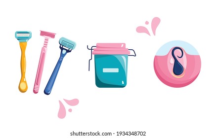 Shaving concept.Different razors and cream make female legs silky.Hygiene and beauty everyday procedure.Infographic illustration with problems after depilation.Inflamed follicle and ingrown hair.