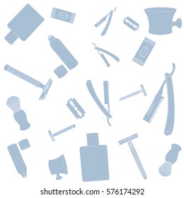 Shaving equipment pattern. Blue images, white background