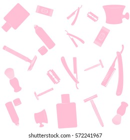 Shaving equipment pattern. Pink images, white background