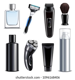 Shaving equipment realistic set of electric shaver manual razor flask with lotion and foam spray using after shave isolated vector illustration 