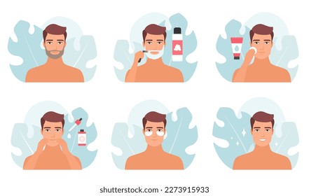 Shaving and facial skincare routine of man in bathroom set vector illustration. Cartoon male characters shave with razor, apply treatment serum and beauty products, eye patches to care and clean skin