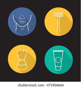Shaving flat linear long shadow icons set. Man's face, shaving razor, brush and aftershave cream tube. Vector line symbols