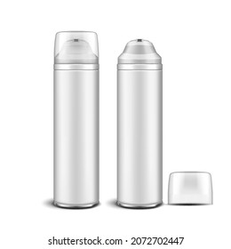 Shaving Foam Bottle Vector. Spray Cosmetic White Cream. Mockup Tube White Aerosol Blank. Package Product 3d Realistic Illustration