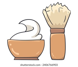 Shaving foam and brush colored doodle vector illustration. Isolated on white background