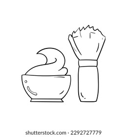 Shaving foam and brush hand drawn outline vector illustration. Isolated on white background