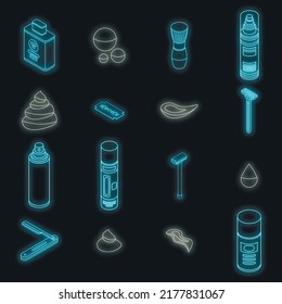 Shaving foam icons set. Isometric set of shaving foam vector icons neon on black