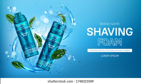 Shaving foam men cosmetics bottles ad banner with mint, water splashes, and droplets on blue background. Body care cosmetic product close and open tubes. Realistic 3d vector advertising promo poster