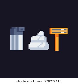 Shaving foam and razor. Pixel art icons. Isolated vector illustration.