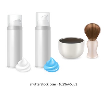Shaving gel and foam bottles, shaving brush and mug mockups. Vector realistic illustration isolated on white background.