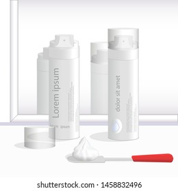 Shaving gel and foam bottles stand in front of the mirror. Vector realistic illustration isolated on white background.