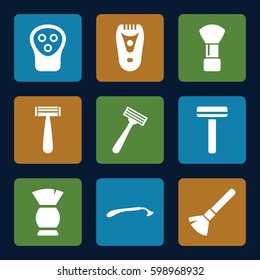 shaving icons set. Set of 9 shaving filled icons such as razor, shaving brush, electric razor 