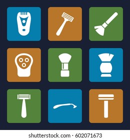 shaving icons set. Set of 9 shaving filled icons such as razor, shaving brush, electric razor