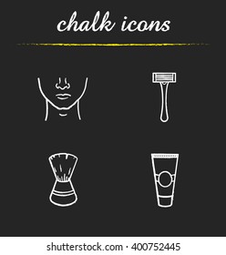 Shaving icons set. Shaving cream, man's face, razor and shaving brush illustrations. Barbershop accessories isolated vector chalkboard drawings