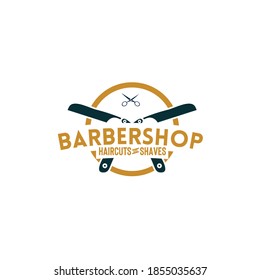 Cuchillo y tijera de acero en escudo circular decorados con ilustración de vector de texto aislado en fondo blanco adecuado para el logotipo de barbershop, etiqueta, insignia, sello, signo para material de publicidad o promoción