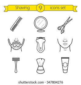 Shaving linear icons set. Barber shop. Electric shaver, scissors and comb, facial hair care equipment, after shave cream and table mirror thin line illustrations. Vector isolated outline drawings