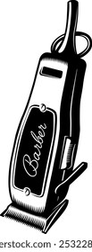 Shaving machine with 'Barber' written on it. Monochrome barbershop image featuring vector clipper.