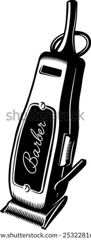 Shaving machine with 'Barber' written on it. Monochrome barbershop image featuring vector clipper.