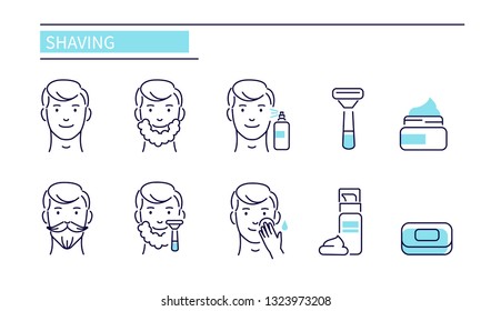 Shaving and man skin care icons. Line style vector illustration isolated on white background