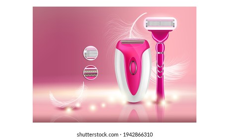 Shaving Razor And Epilator Advertise Banner Vector. Razor Device With Comfortable Handle And Compact Electric Shaver And Feather. Skin Care Personal Hygiene Equipment Concept 3d Illustration