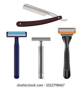Набор для бритья бритвы. Векторная реалистичная иллюстрация прямой бритвы с коричневой ручкой и цветными мокрыми бритвами для мужчин.