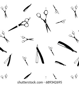 Shaving razor and scissors pattern seamless in simple style vector illustration. Barbershop and beauty salon background. Hairdresser black scissors on white background