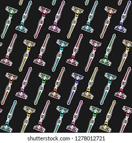 Shaving razor seamless pattern, multicolor for wallpaper, print, postcard, banner,poster,woman's blog, salon business card. Hand drawn sketch razor for shaving, bathroom. Depilation, hair removal.