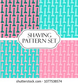 Shaving razor seamless pattern set, blue,pink for wallpaper, print, postcard, banner,poster,woman's blog, salon business card. Hand drawn sketch razor for shaving, bathroom.Depilation, hair removal.