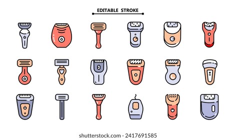 Shaving razors isolated color icon set. Editable stroke. Accessory for shave. Vector illustration shaver on white background.