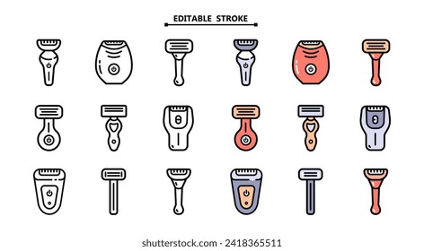 Shaving razors isolated color icon set. Editable stroke. Vector illustration shaver on white background . Vector outline set icon accessory for shave.