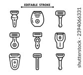 Shaving razors isolated outline icon set. Editable stroke. Vector illustration shaver on white background . Vector outline set icon accessory for shave.