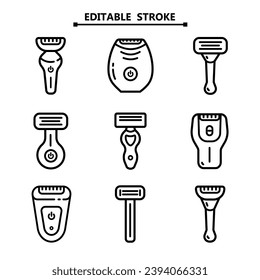 Shaving razors isolated outline icon set. Editable stroke. Vector illustration shaver on white background . Vector outline set icon accessory for shave.