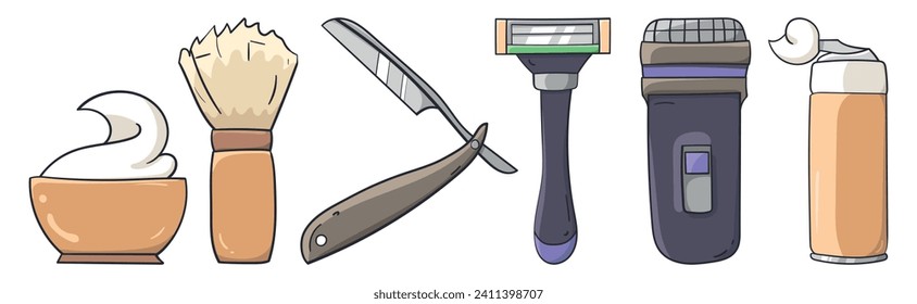 Shaving supplies element set of colored doodle vector illustrations. Isolated on white background. Shaving foam and brush, Straight razor, Manual razor, Electric razor, Foam can