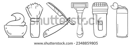 Shaving supplies element set of hand drawn outline vector illustrations. Manual, Straight, Electric razor, Shaving foam and brush