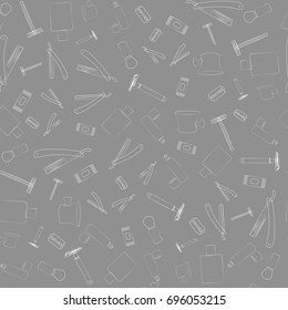Shaving tools seamless pattern. Vector design isolated illustration. White outlines, gray background.