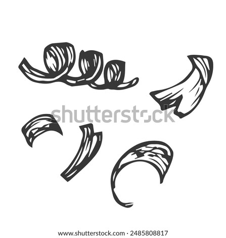 Shaving vector icon. Hand drawn illustration isolated on white background. Spiral peel from woodcarving, carpentry. Natural wood chips, biofuel.