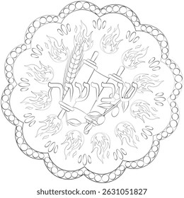 Shavuot Coloring Page with with inscription "Shavuot" in Hebrew – Editable Jewish Holiday Plate Illustration Featuring Wheat, Grapes, and Pomegranates