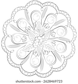 Shavuot Coloring Page – Jewish Holiday Plate Design with Wheat, Grapes, and Pomegranates – Editable Vector Illustration