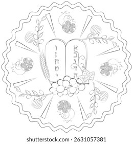 Shavuot Coloring Page – Stone Tablets with the first letters of the Hebrew alphabet "Alef, Bet, Gimel, Dalet, He, Vav, Zayin, Chet, Tet, Yod" – Jewish Holiday, First Fruits, Seven Species