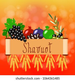 Shavuot. Concept of Judaic holiday. Apple, pomegranate, figs, grapes, olives, dates, wheat ears. Sefer Torah. Red Blur background
