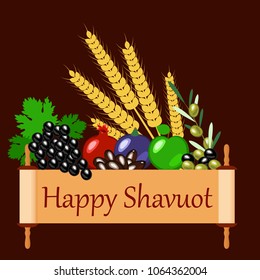 Shavuot. Concept of Judaic holiday. Apple, pomegranate, figs, grapes, olives, dates, wheat ears. Sefer Torah. Brown background