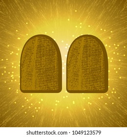 Shavuot. Concept of Judaic holiday. Tablets of the covenant of Moses Bible Torah. Ten Commandments. Back light shines. Brown background, grung texture