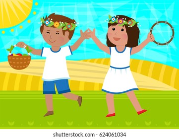 Shavuot Dance - Boy holding basket and a girl with tambourine are dancing in the field. Eps10