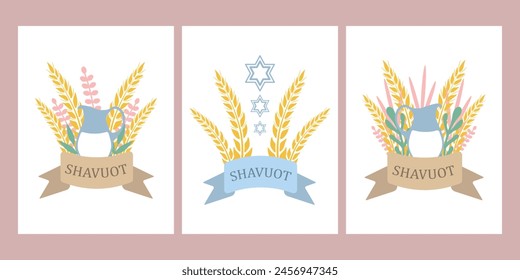 Shavuot greeting cards set. Milk, wheat, star of David, plants. Vector holiday concept