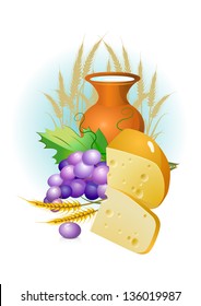 shavuot hebrew holiday set of food, grapes, cheese ,milk