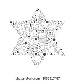 Shavuot holiday flat design black thin line icons set in star of david shape.