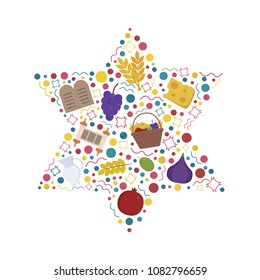 Shavuot holiday flat design icons set in star of david shape.