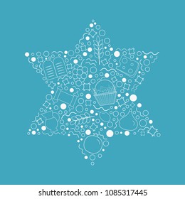 Shavuot holiday flat design white thin line icons set in star of david shape.