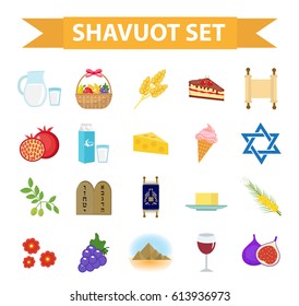 Shavuot icons set, flat style. Collection design elements on the Jewish holiday  Shavuot with milk, fruit,  torus, mountain, wheat, basket. Isolated on white background. Vector illustration, clip-art