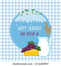 Shavuot Jewish holiday frame banner with milk jug, cheese, grapes, wheat ears, dairy products, flowers and crops, flowing milk drops, blue gingham fabric background vector. Happy Shavuot in Hebrew. 